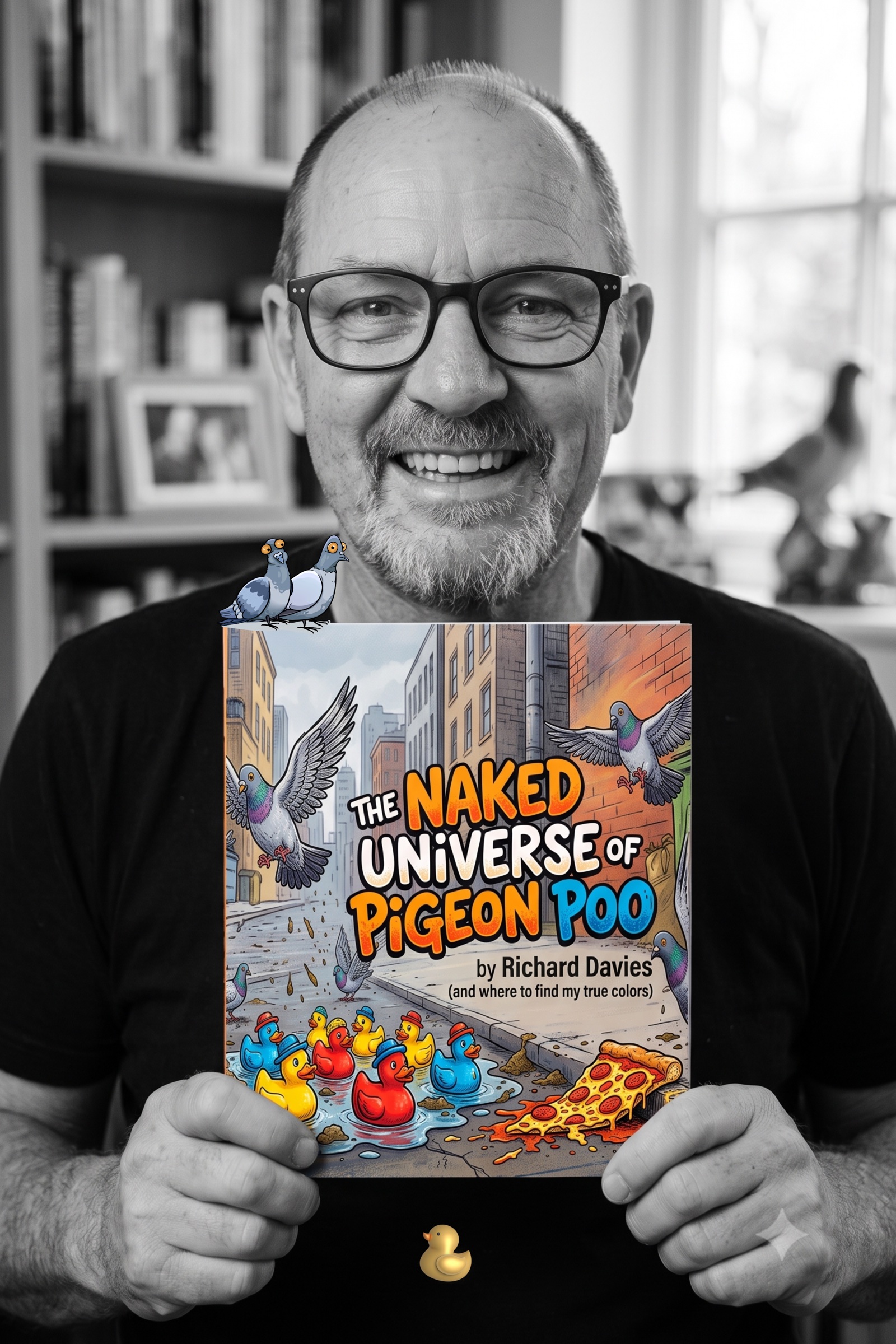 Richard Davies holding The Naked Universe of Pigeon Poo