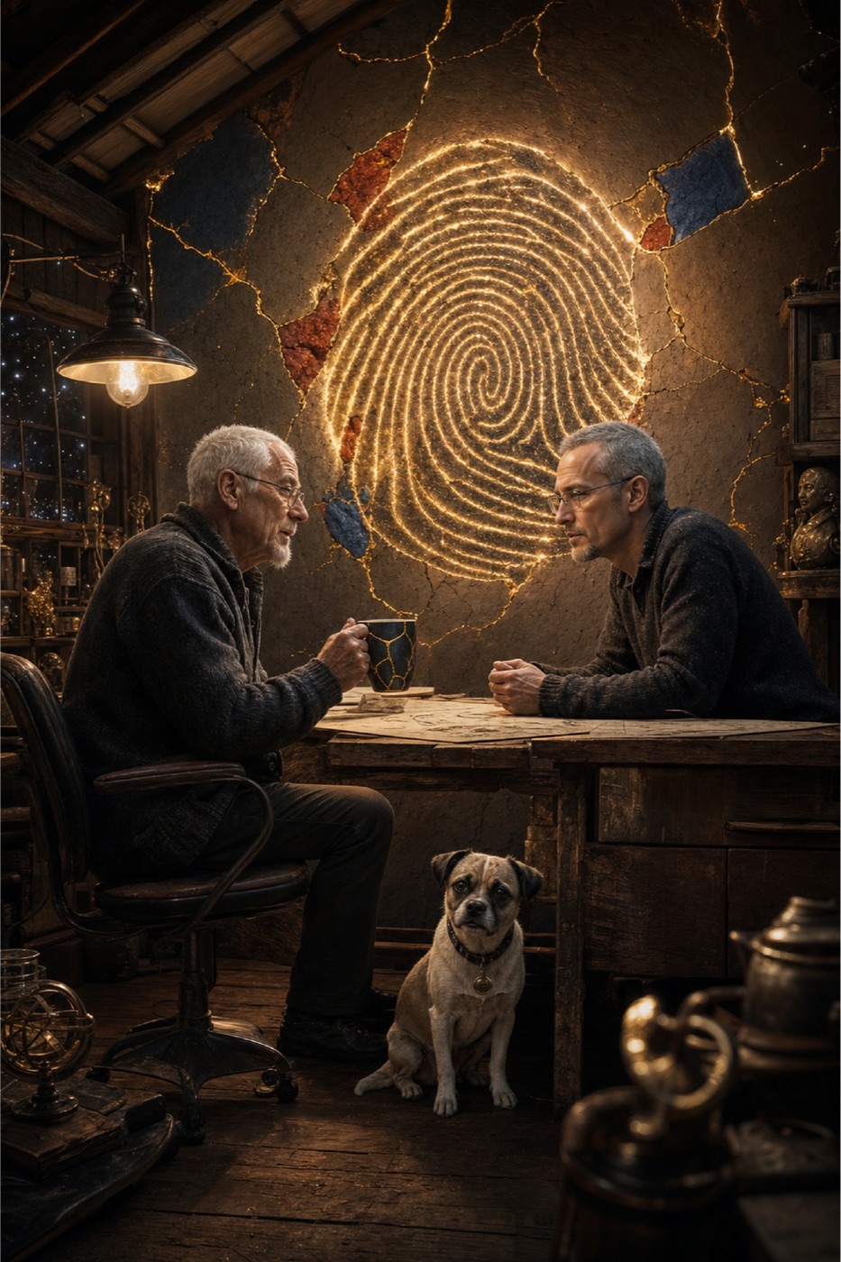 Two older men and Rocky beneath a giant glowing fingerprint in a dark timber shed