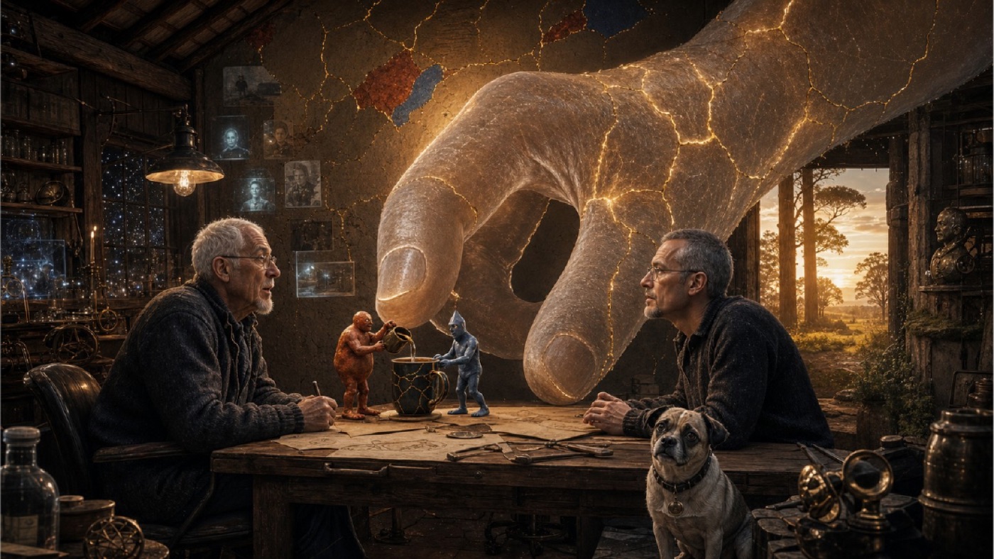 Giant translucent hand reaching into the shed as two men and Rocky look on
