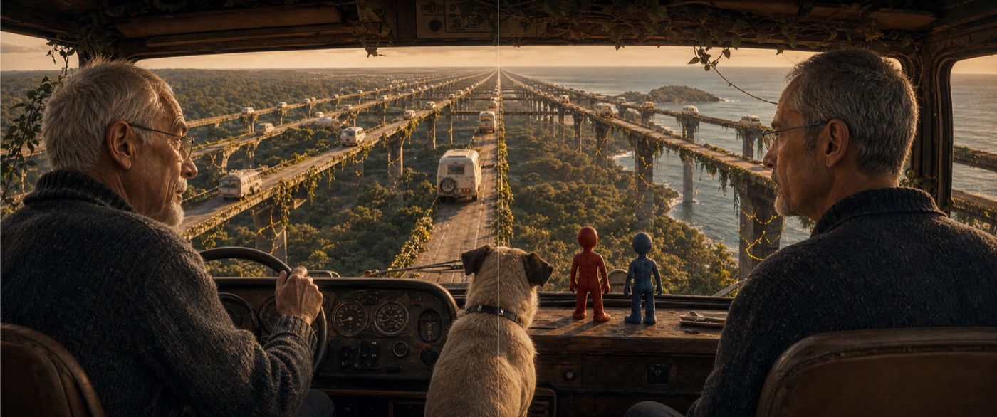 Two men driving toward a divided futuristic landscape with children and Rocky on the dashboard