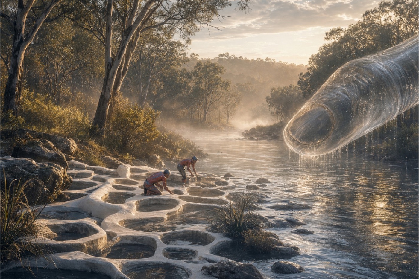 A small figure crossing honeycomb stepping stones through a river beneath a glass capsule