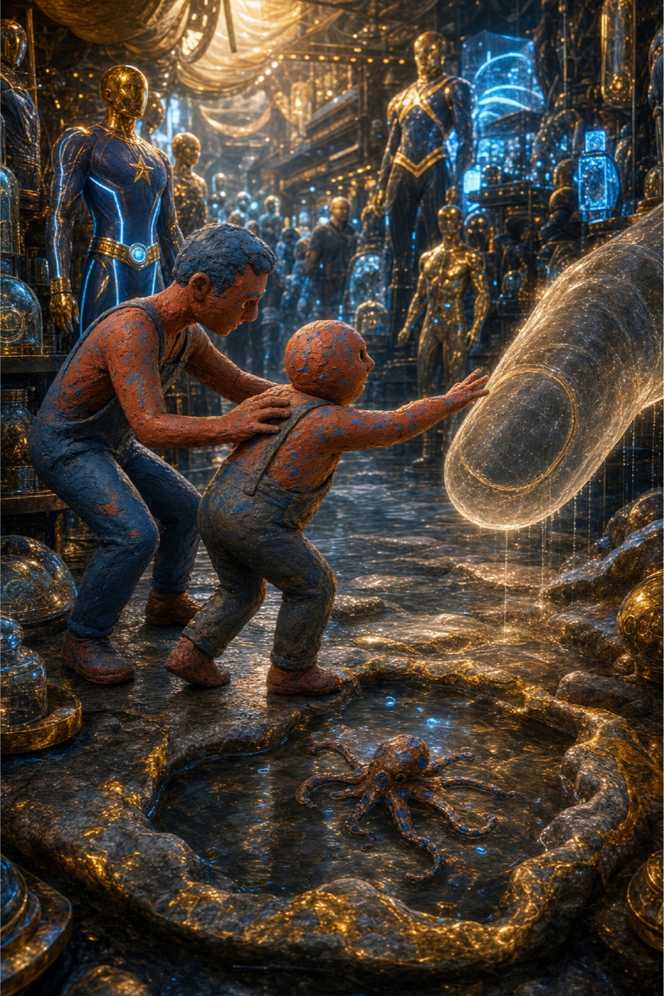People holding a glowing cosmic membrane together inside a blue-and-gold machine world