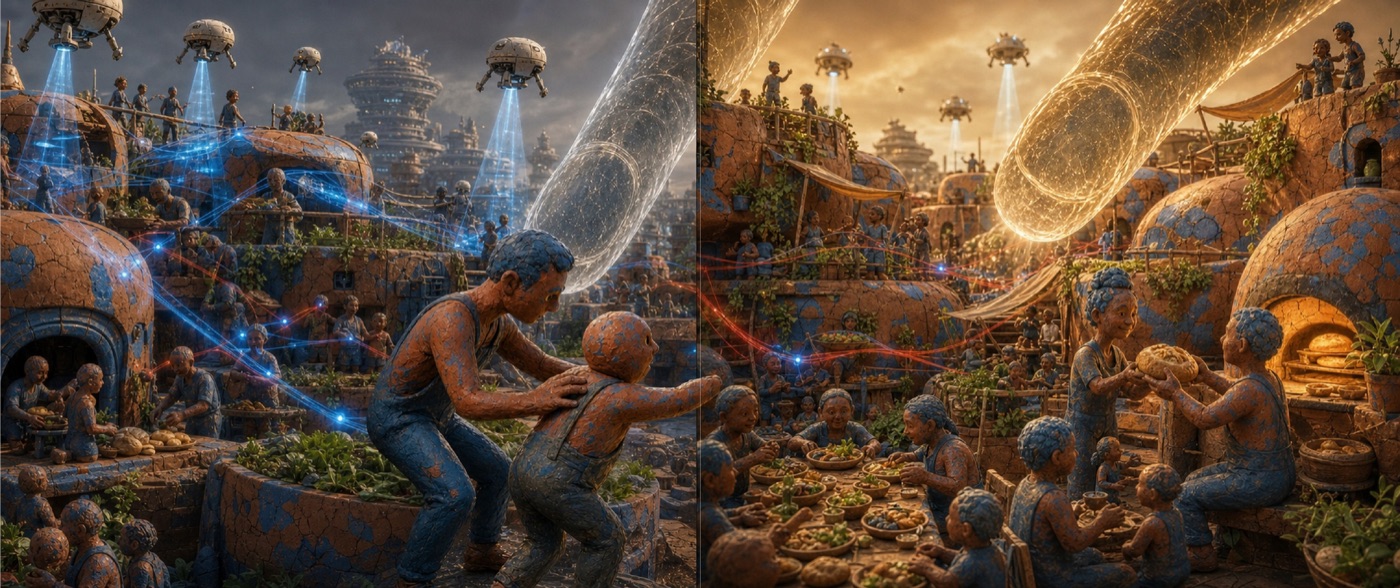 A diverse crowd gathering around red and blue companions beneath golden future machinery
