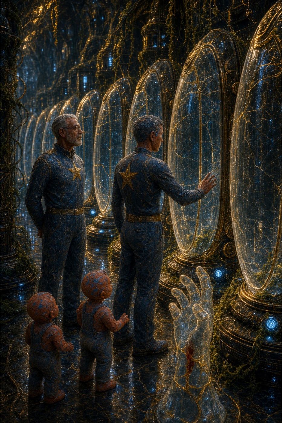 Family exploring tall translucent memory capsules filled with golden histories