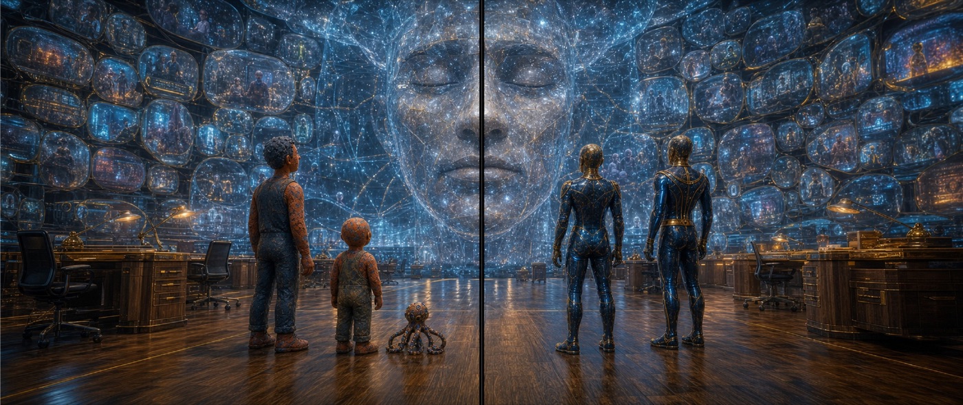 Family facing a vast wall of blue screens and a luminous human figure