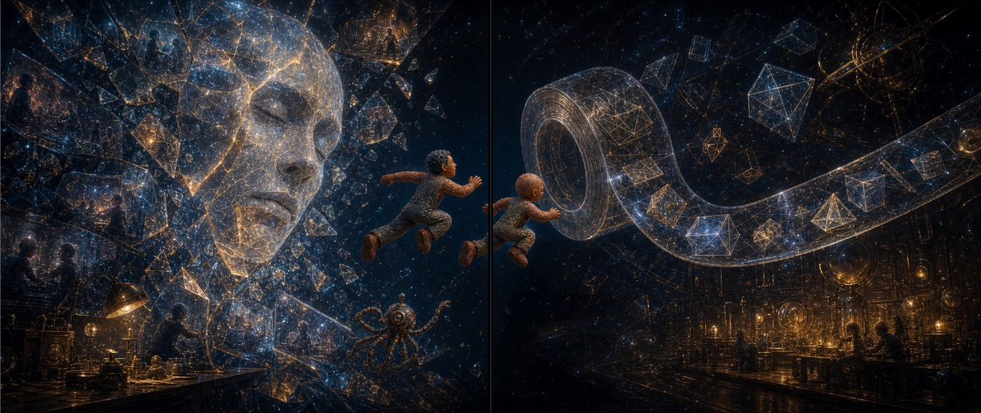 Human face forming from stars beside a flowing ribbon of framed memories