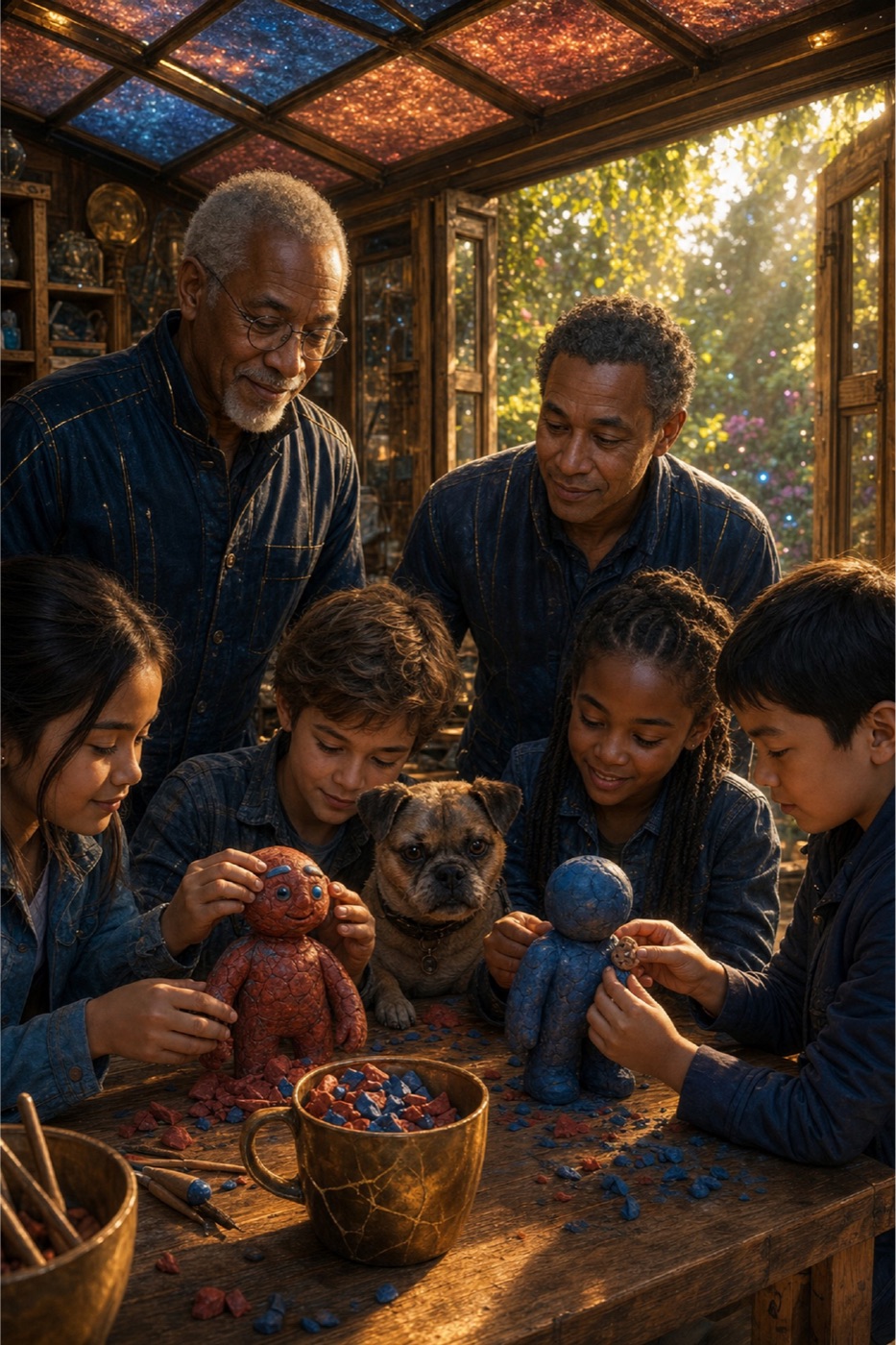 Older and younger people making red and blue figures together at a sunlit table