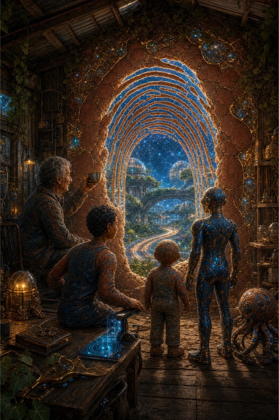 Family and companions facing a giant glowing fingerprint doorway into a green landscape