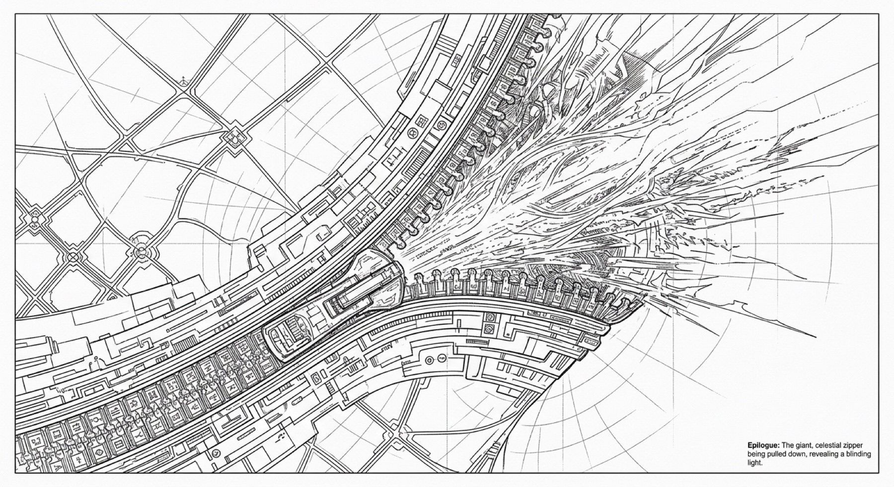 Fine-line architectural drawing of a vast celestial zipper opening across a city structure