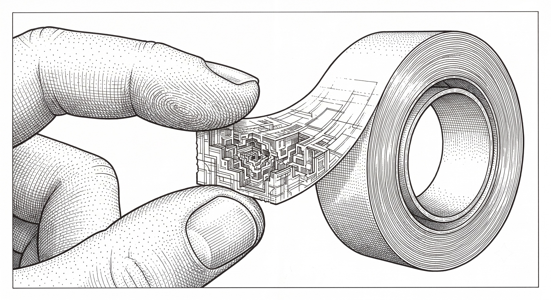 Fine-line miniature city being pulled from a roll of tape between giant fingers