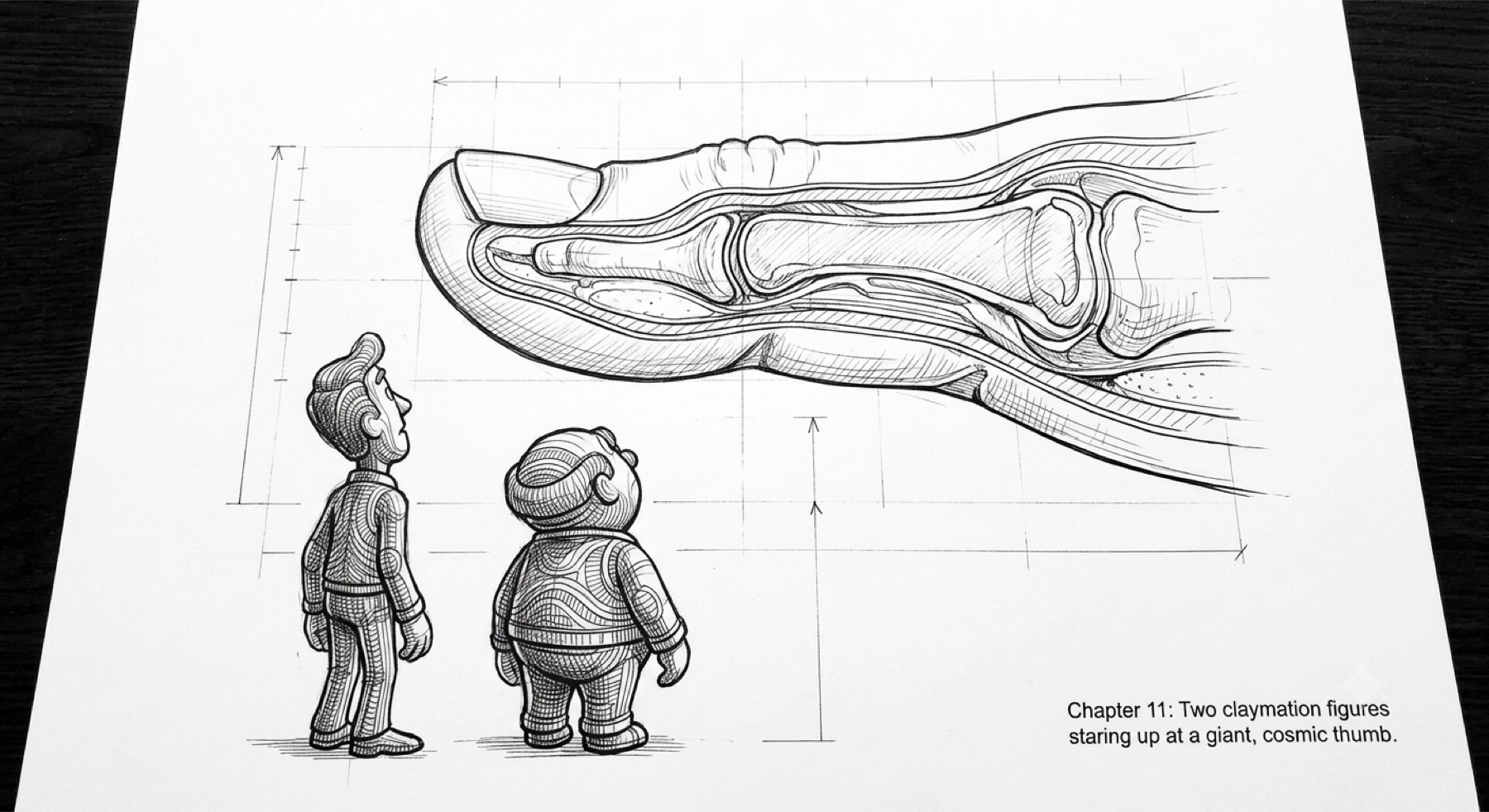 Fine-line figures looking up at an enormous cosmic thumb