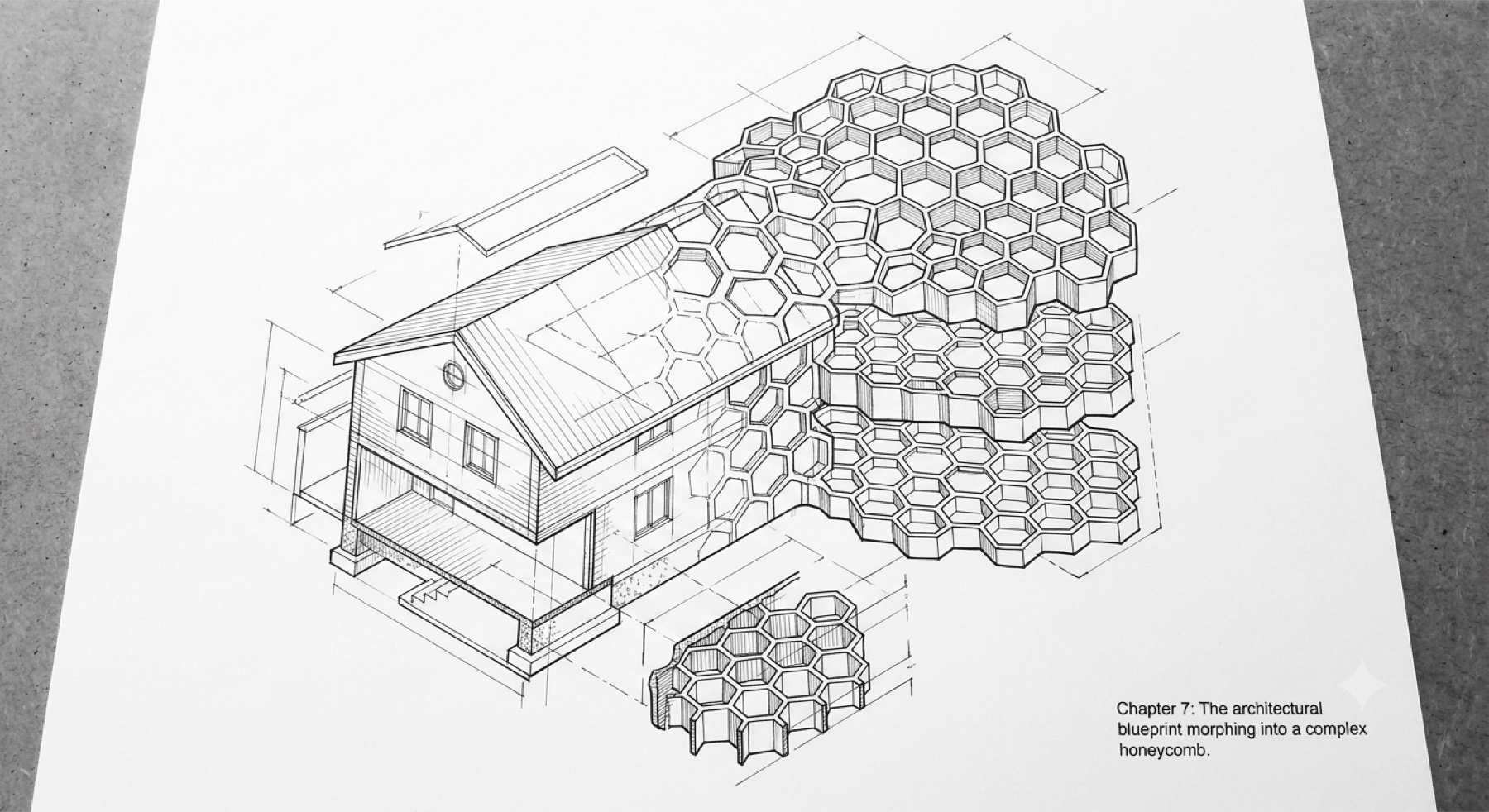 Architectural line drawing of a house transforming into a complex honeycomb