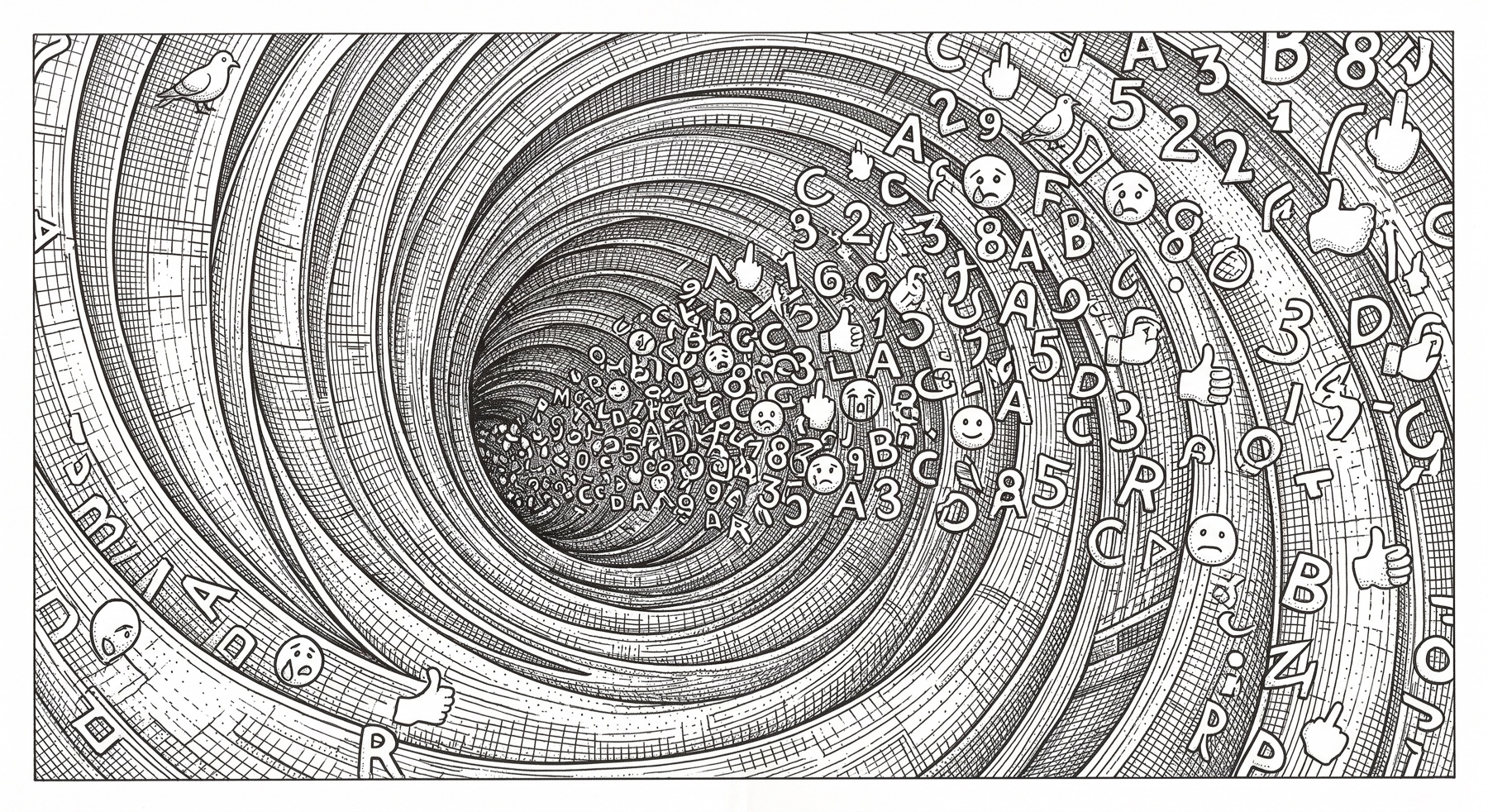 Dense black-and-white vortex of symbols, numbers and digital reactions