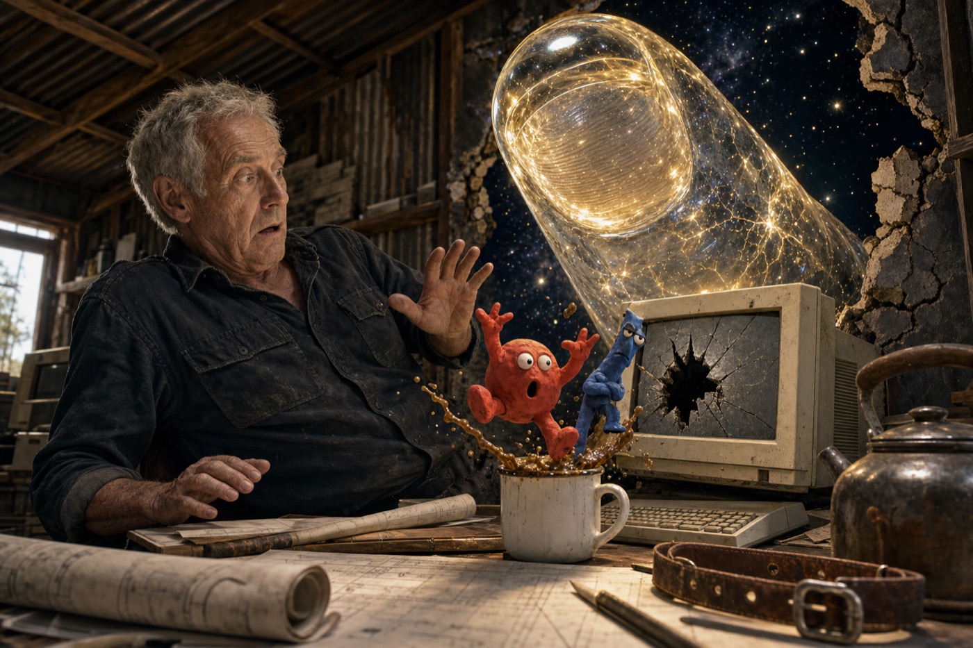 Richard in his shed as a giant glowing glass capsule enters through a cracked wall beside the red characters