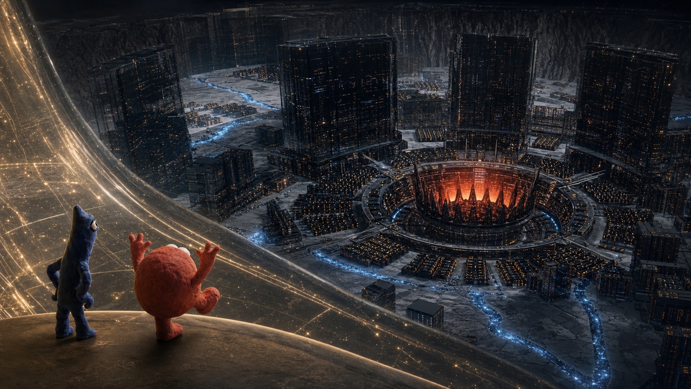 Red and blue companions overlooking a vast black-glass server campus crossed by golden light