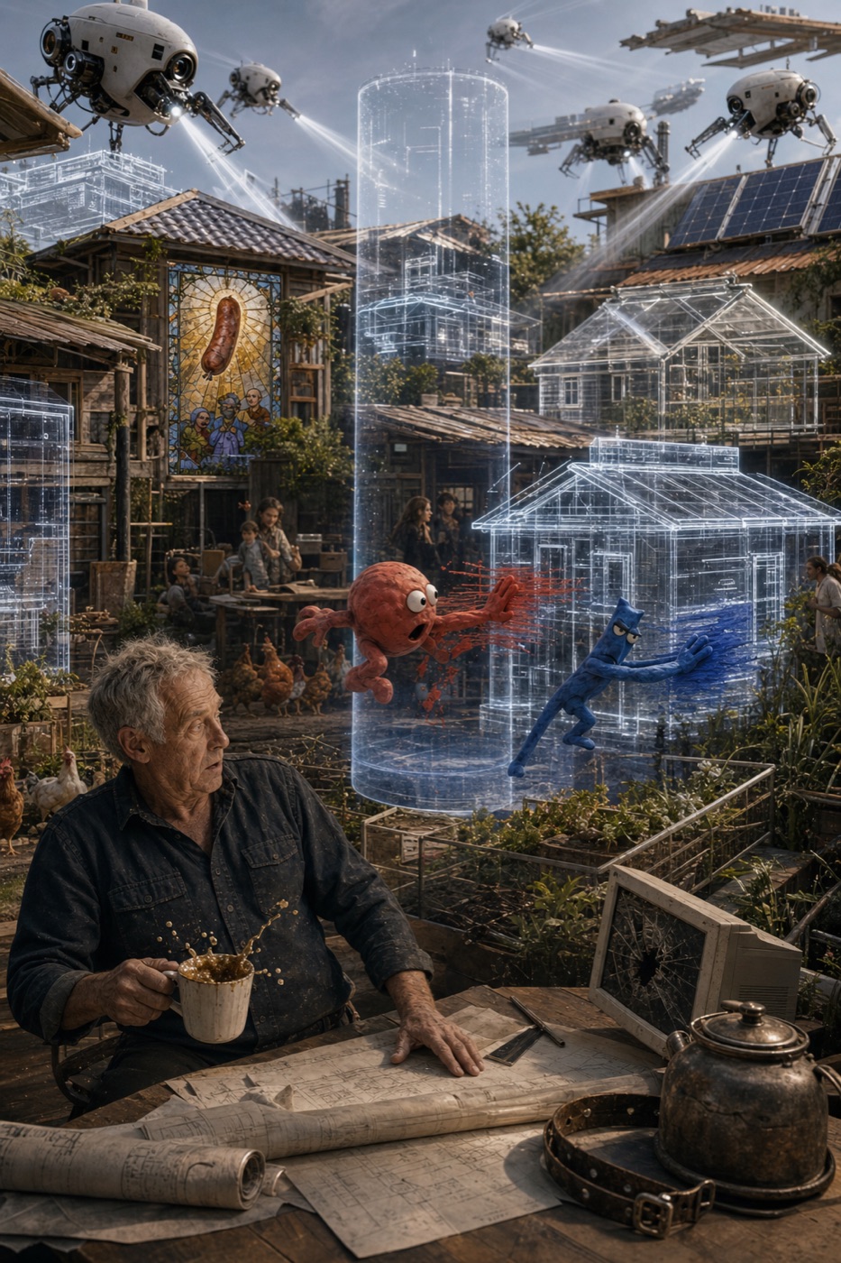 Richard in the shed surrounded by holographic homes and descending glass capsules