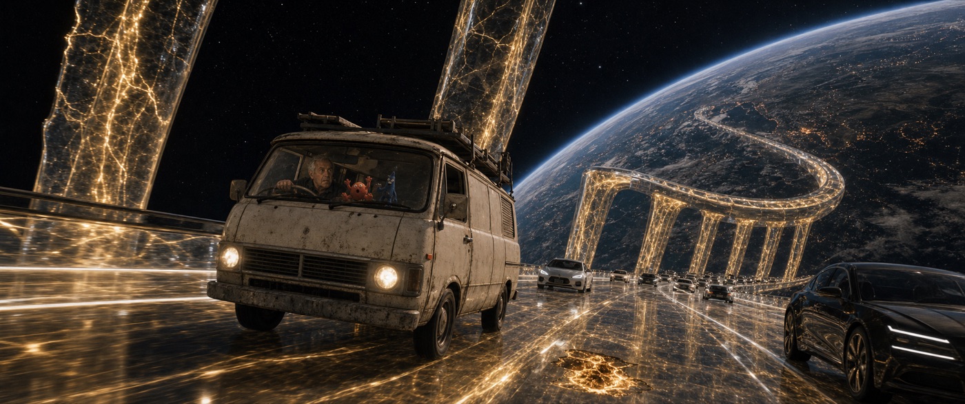 Vehicles travelling along translucent golden roads suspended above the curve of Earth