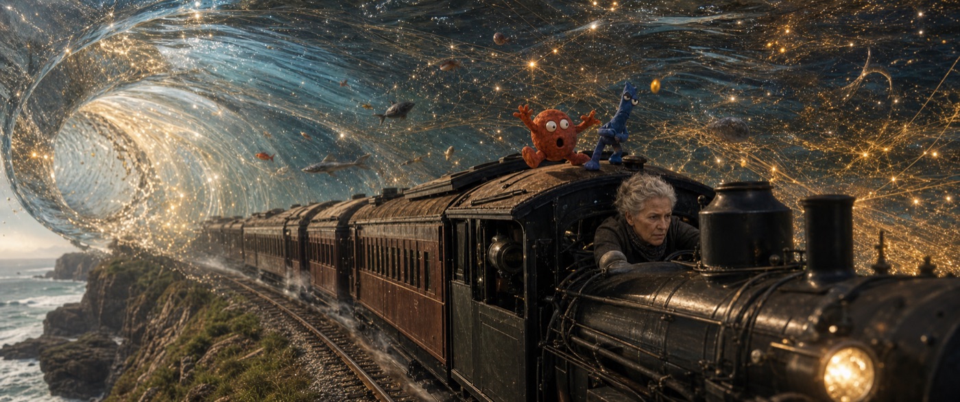 Steam train racing beside a gigantic translucent wave with Richard and the red companion aboard