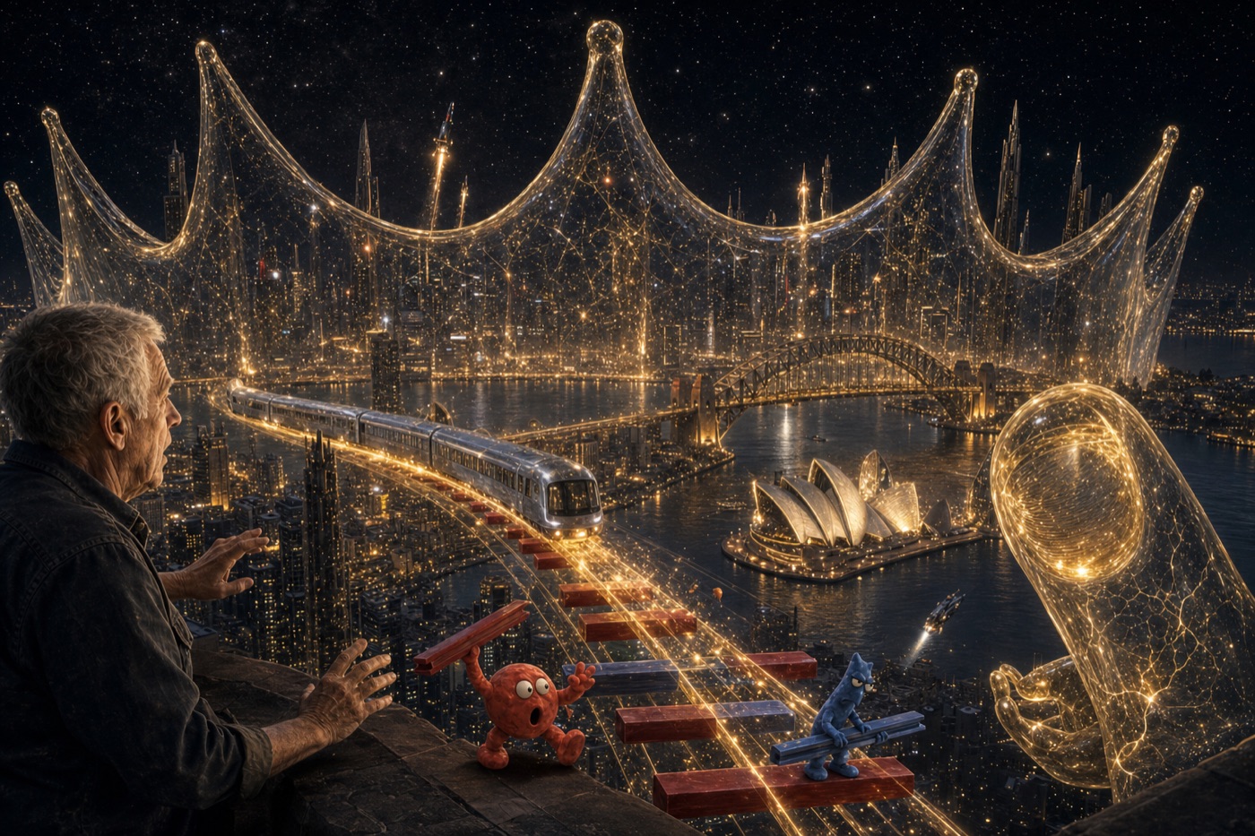 Richard facing a golden crown of energy spanning Sydney Harbour