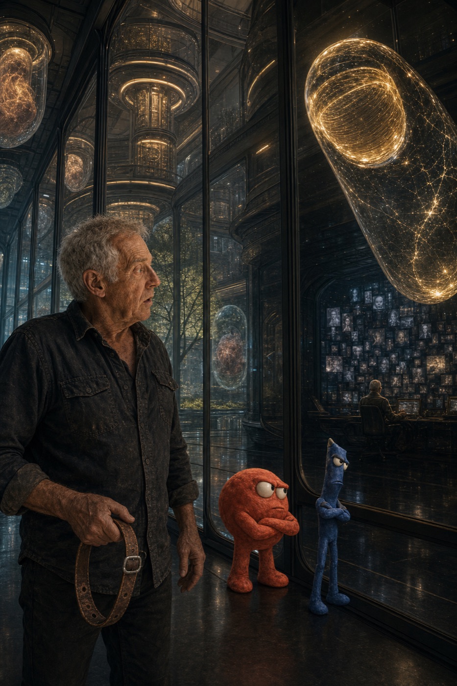 Richard and the red companion inside a failing laboratory of glass capsules and golden machinery