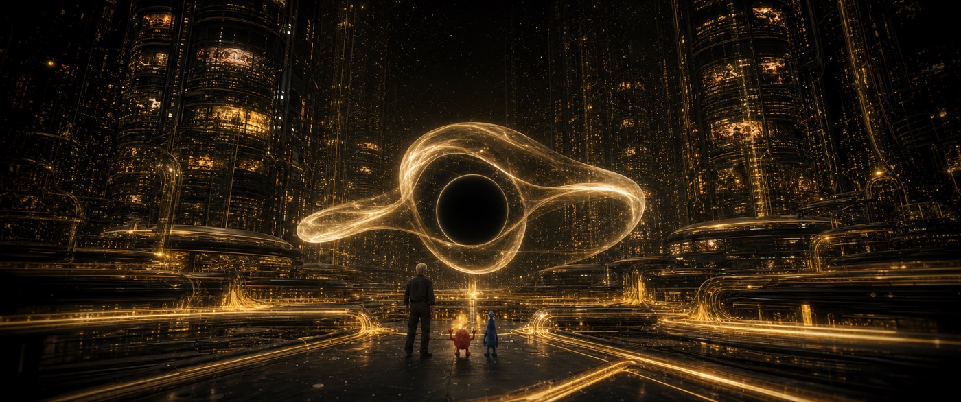 Two small figures facing a luminous black-hole form inside a monumental server farm