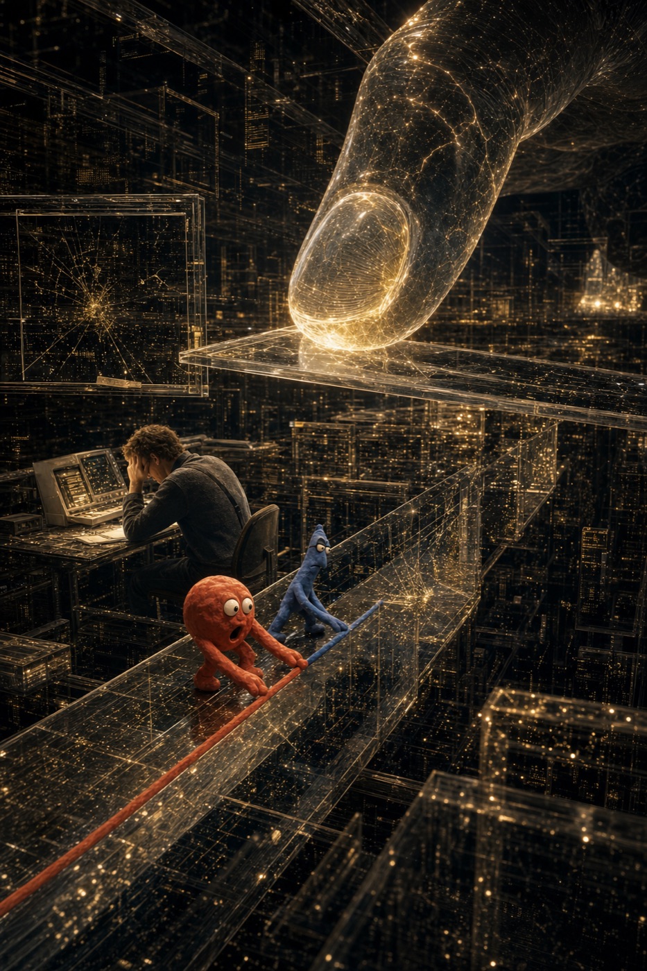 Red companion climbing through a vast golden machine as hidden frames are revealed