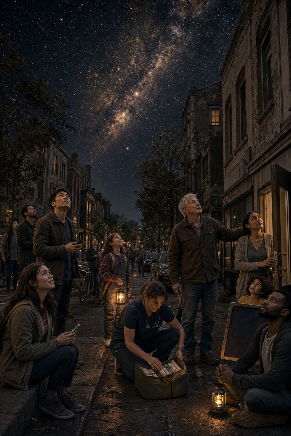 Neighbours gathered by candlelight beneath a dark star-filled sky