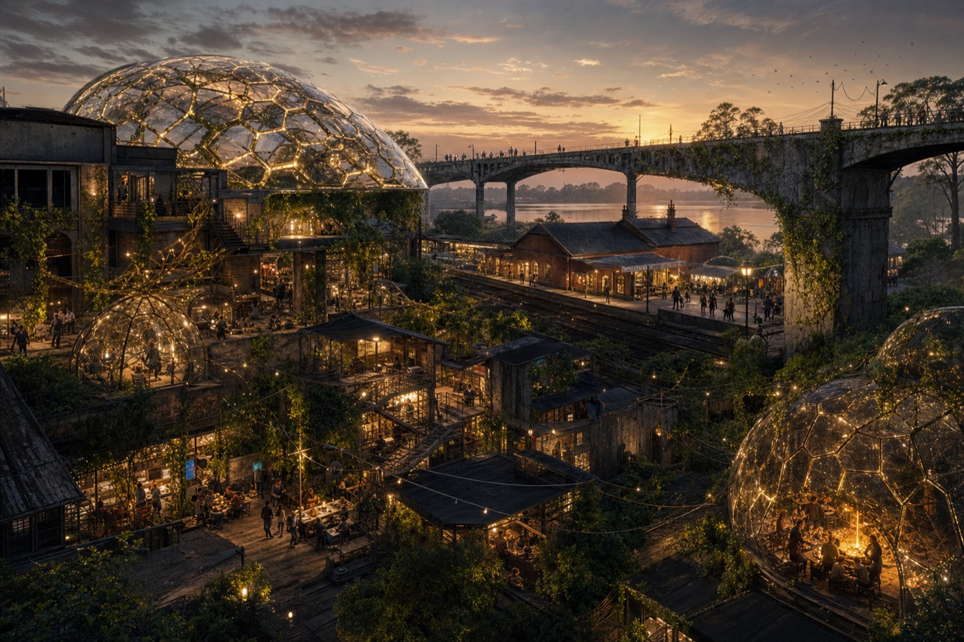 A warm human-scale settlement rebuilding beneath giant translucent honeycomb domes