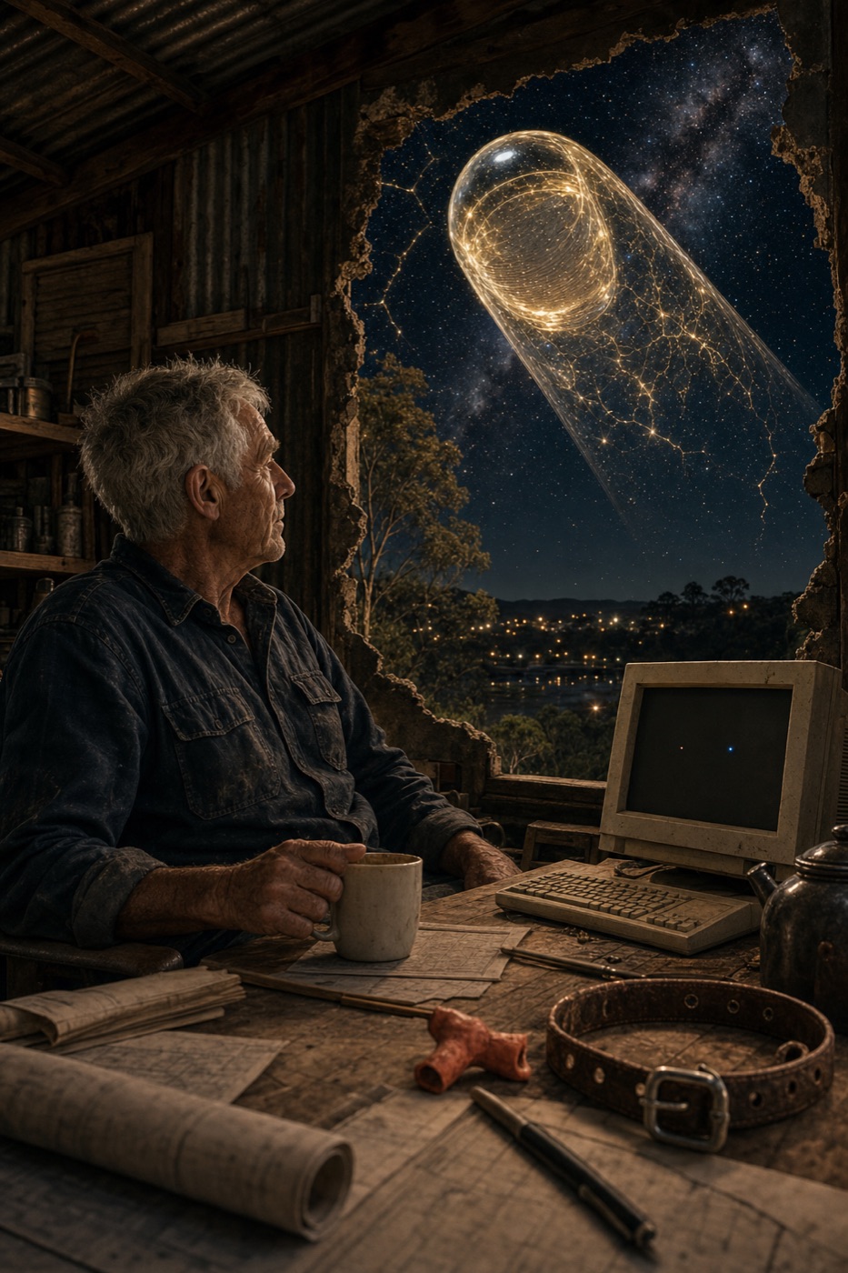 Richard in the shed watching one glowing capsule rise beyond an old computer