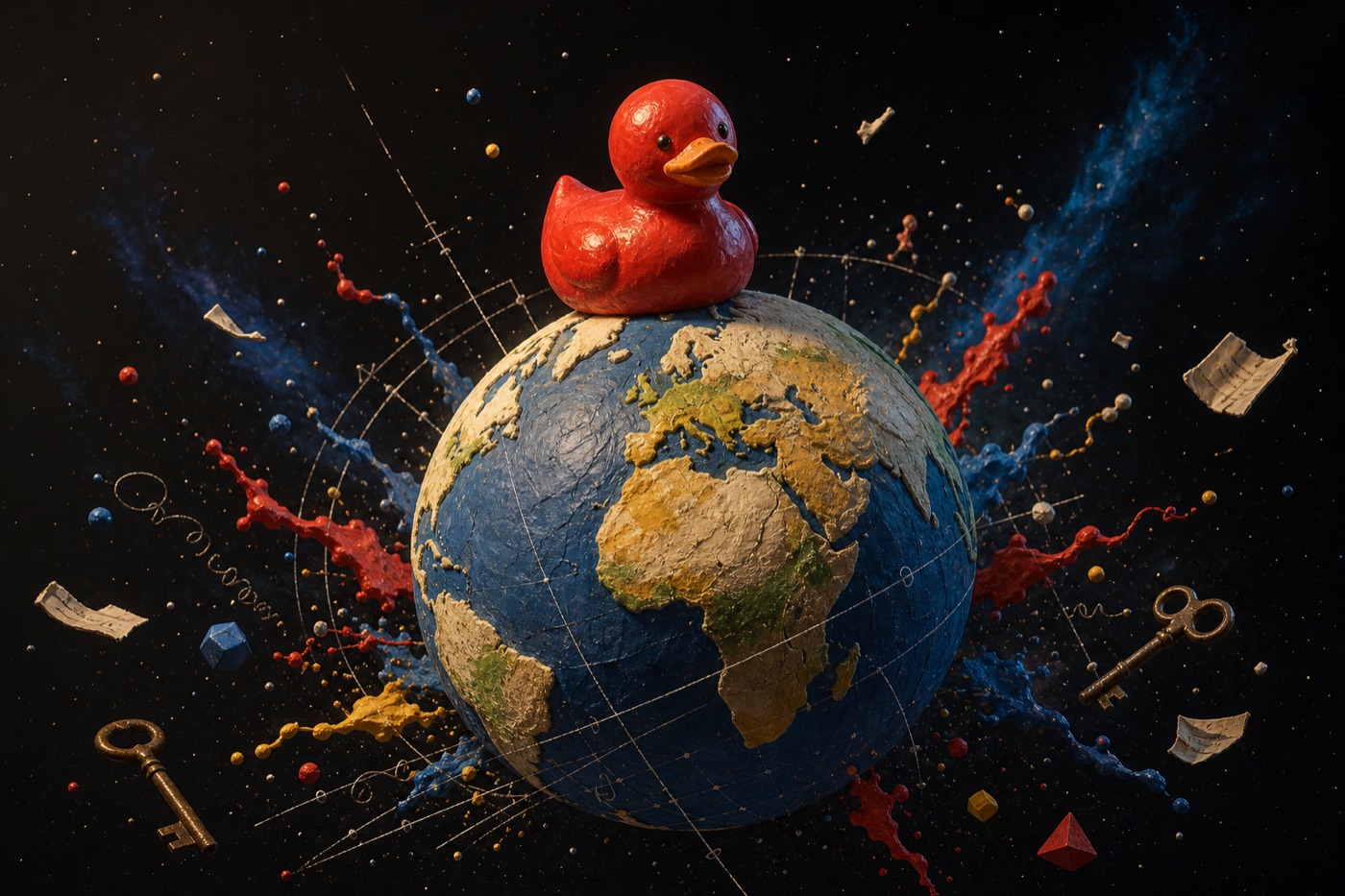 Red Cosmic Duck perched on a clay Earth surrounded by keys, diagrams and colourful splashes