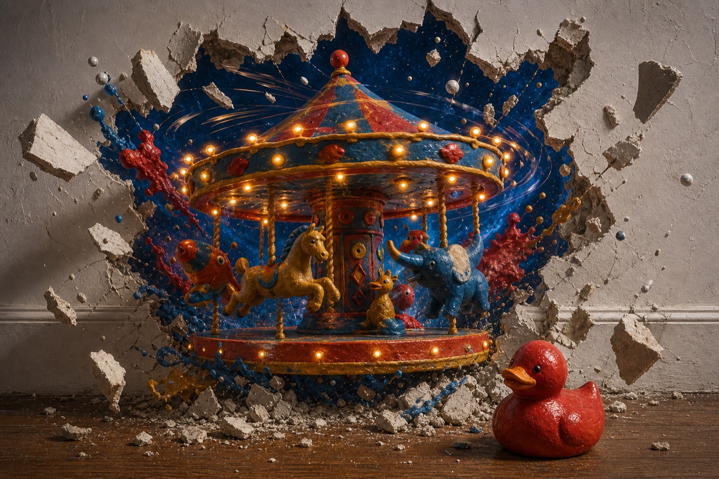 Illuminated cosmic carousel bursting through a cracked wall beside a red duck