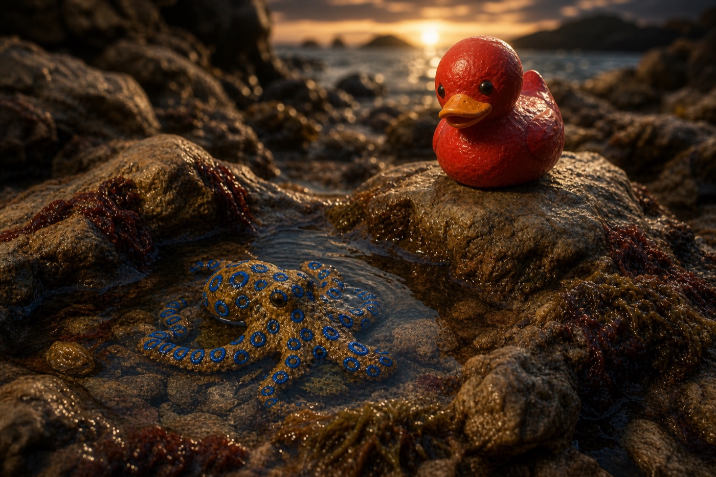 Red Cosmic Duck beside an ancient circular pattern embedded in a rocky shore