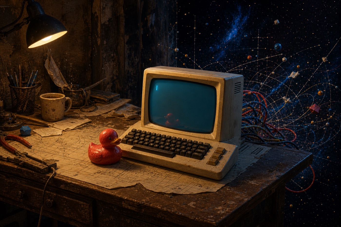 Red duck waiting beside a vintage computer in a dim workshop opening into space