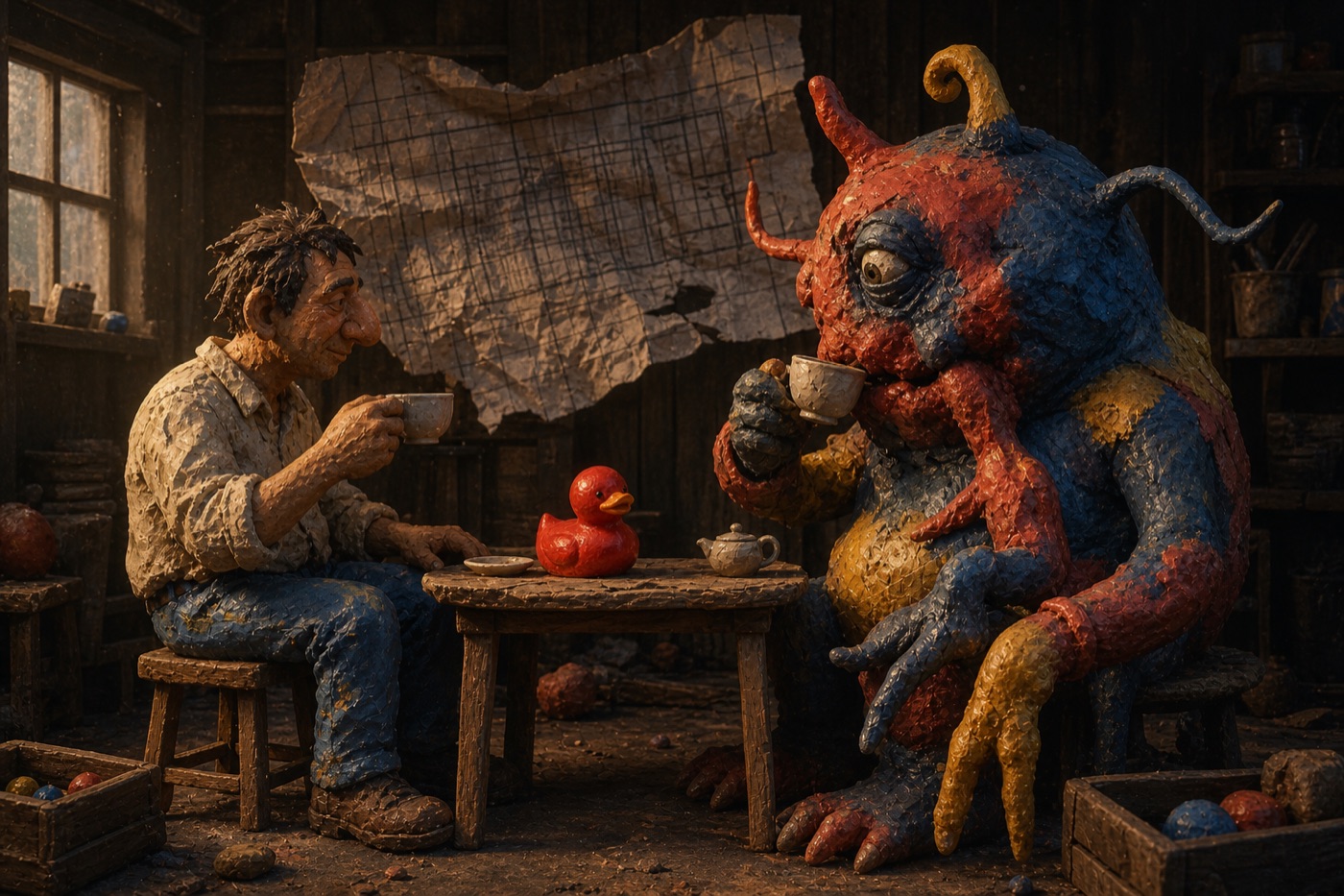 Richard and a colourful horned monster sharing tea with a small red duck