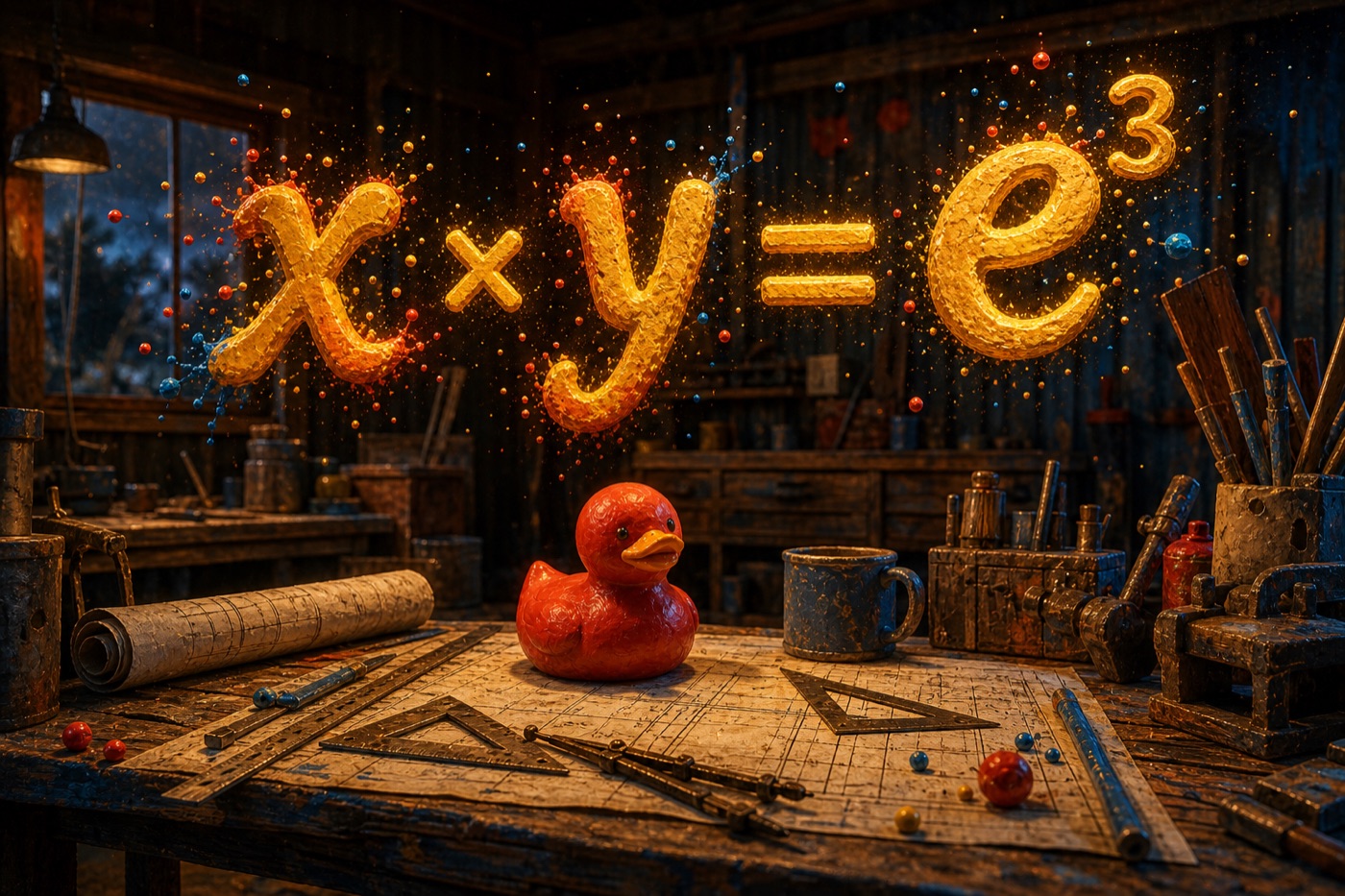 Glowing mathematical equation above drafting tools and a red duck in a workshop