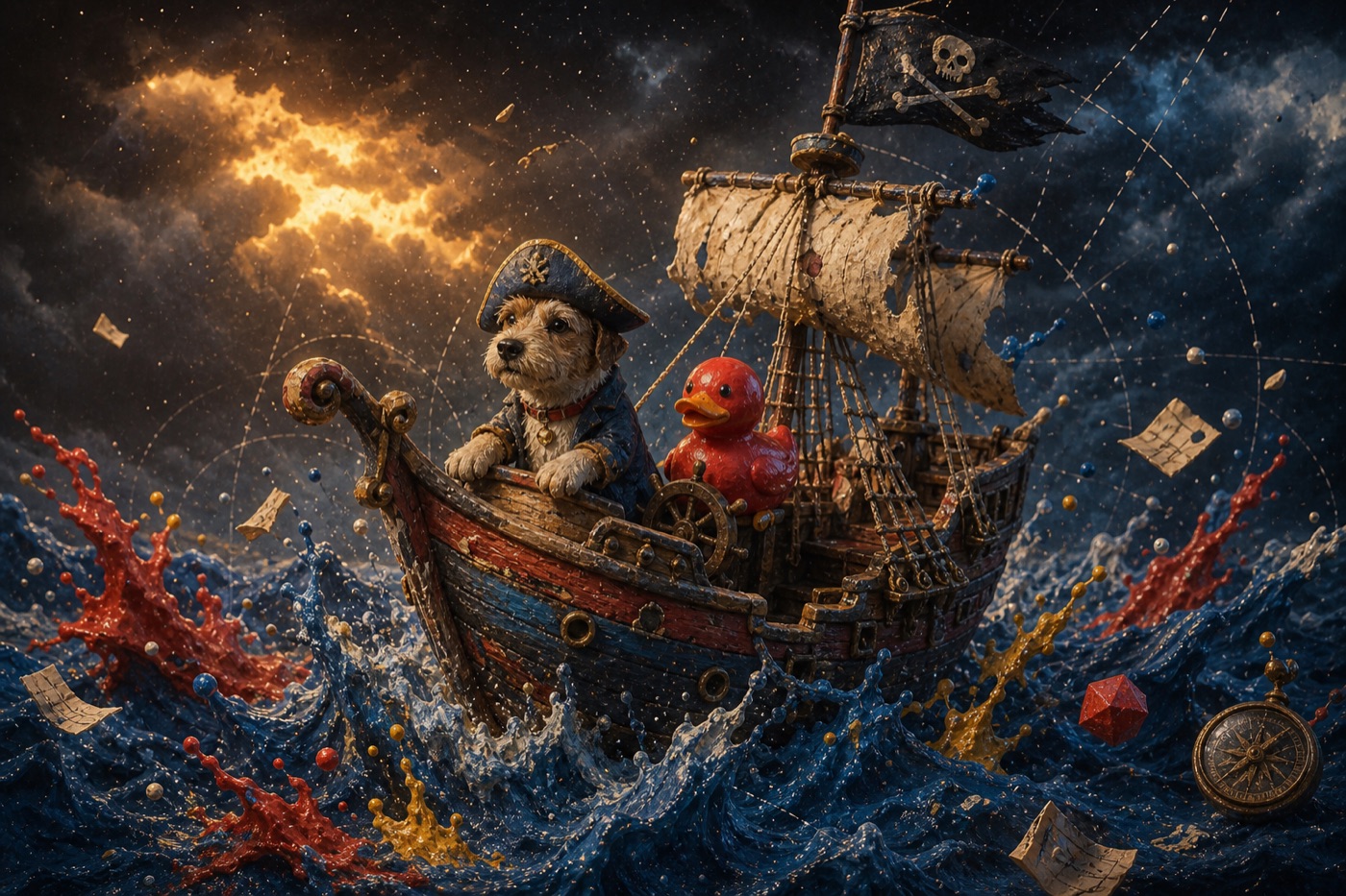 Panda pirate steering a small ship through a cosmic sea with the red duck aboard
