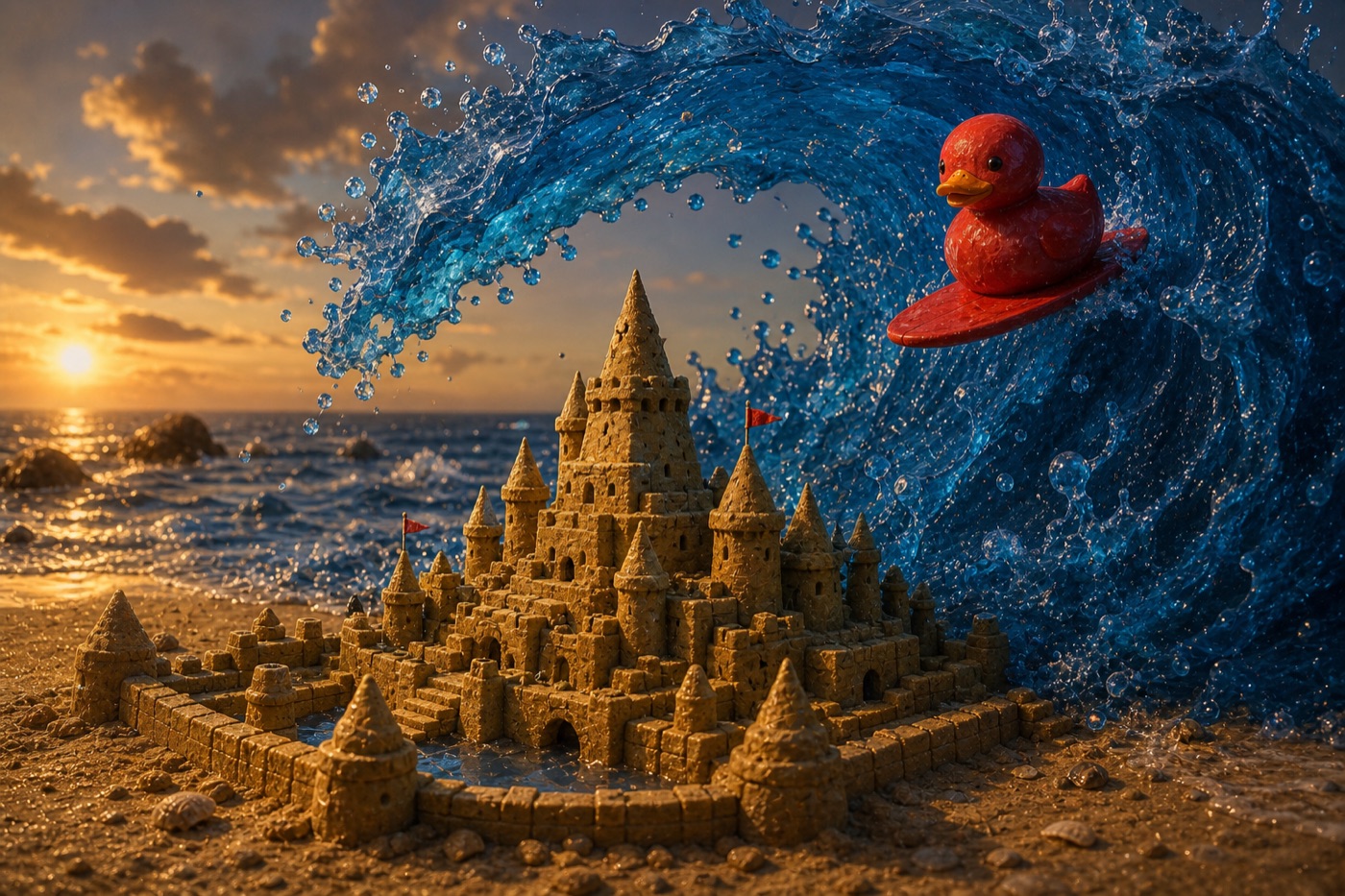 Red duck riding a towering blue wave above an intricate sandcastle at sunset