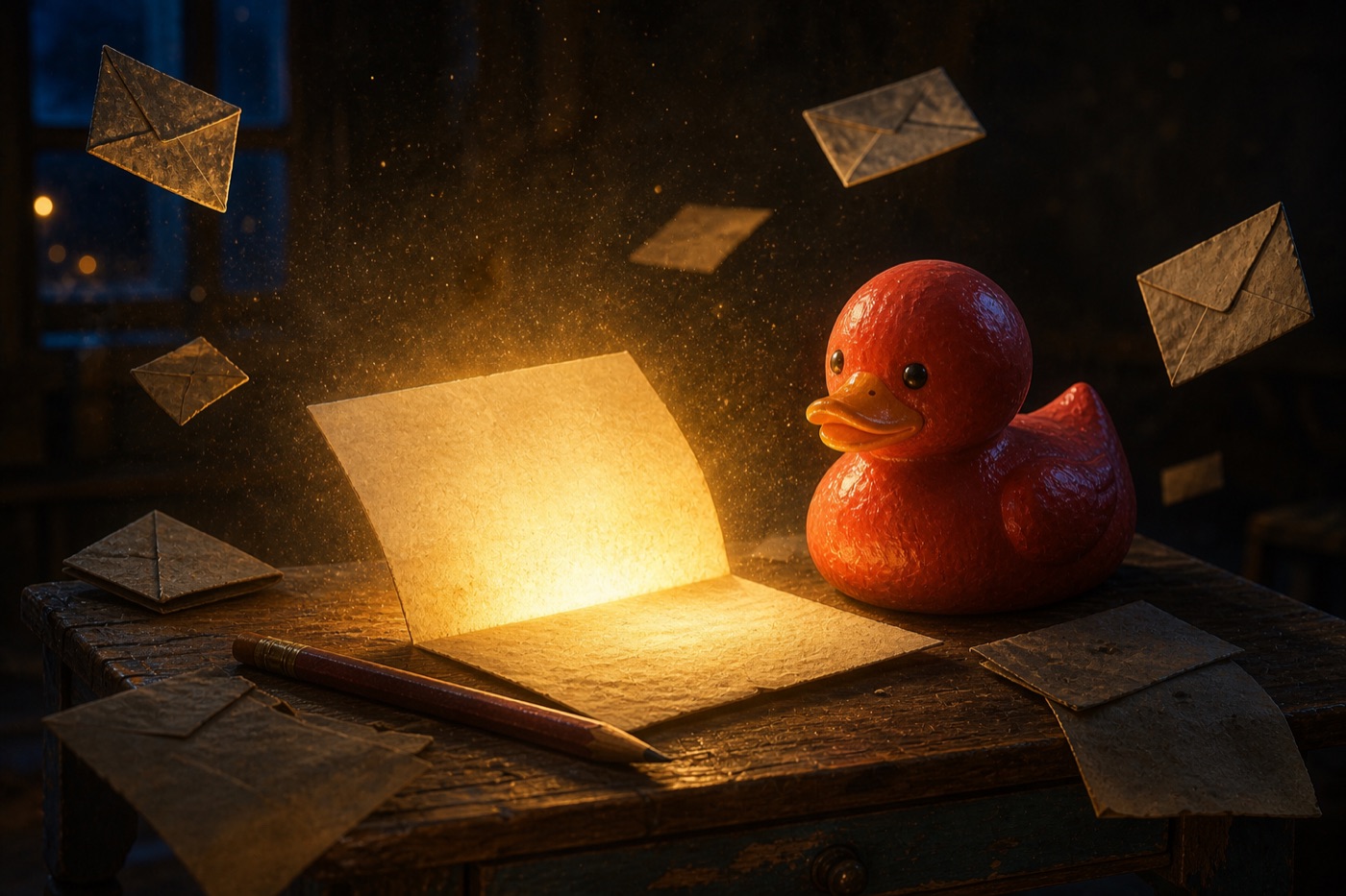 Red duck beside an open book glowing among floating letters and envelopes