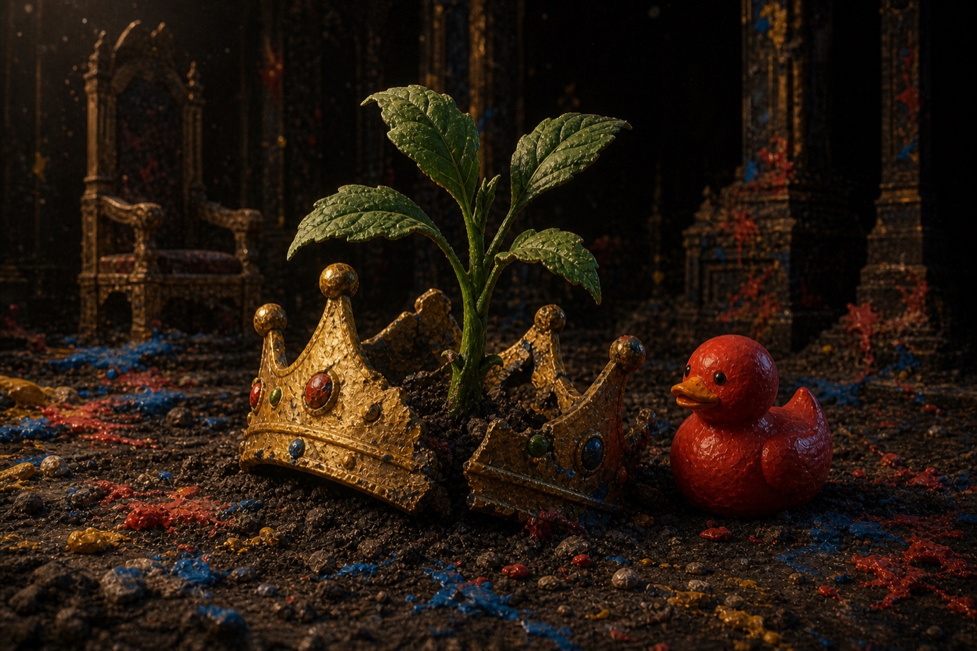 Red duck beside a golden crown and a young plant in a ruined hall