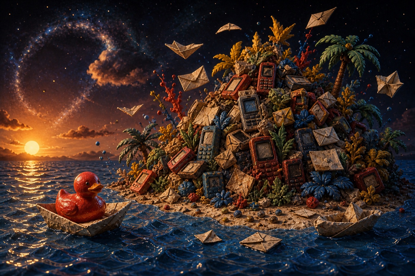 Red duck approaching an island built from houses, letters and accumulated belongings