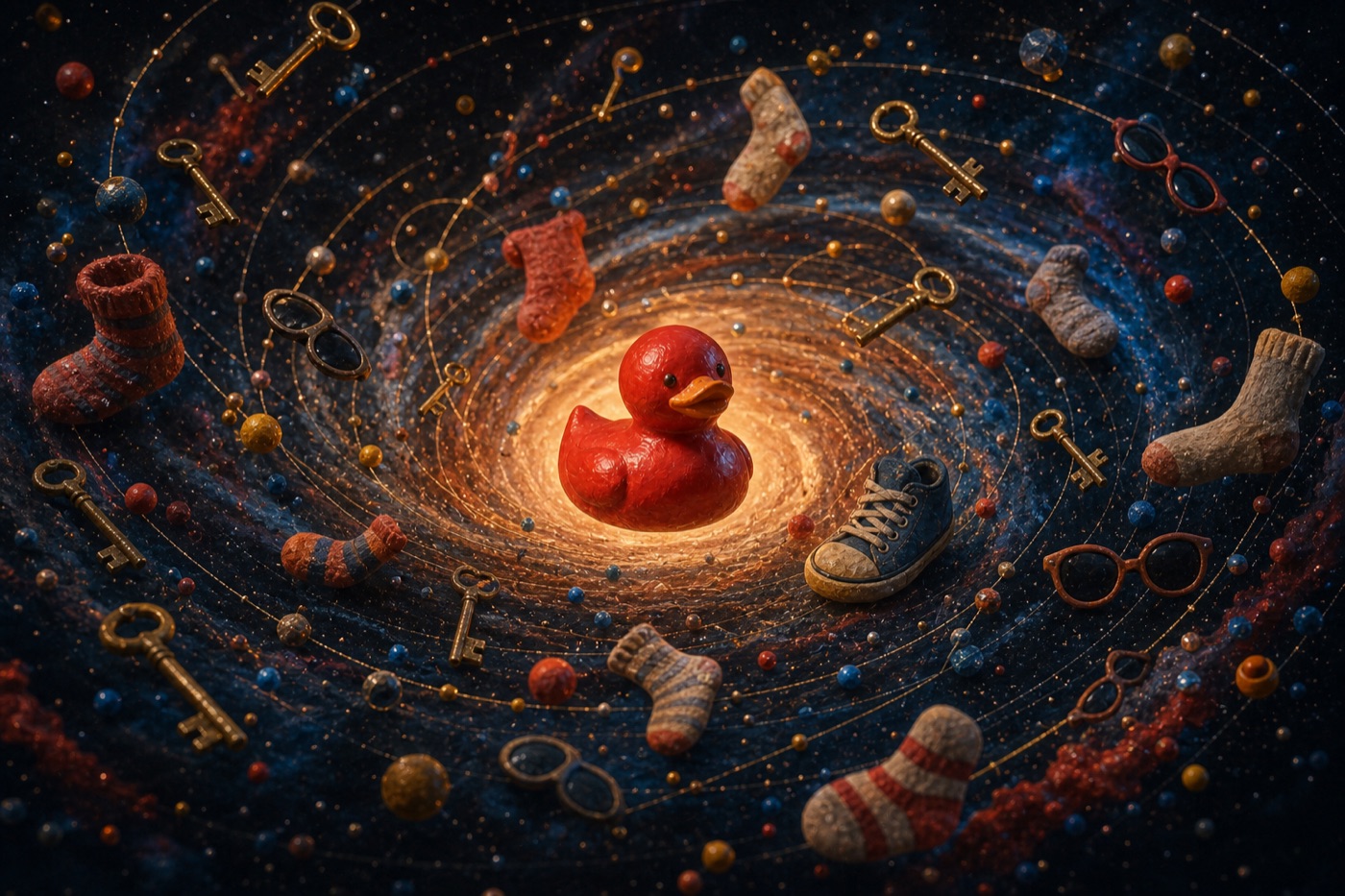 Red duck at the centre of a cosmic orbit made from keys, socks, cables and forgotten objects