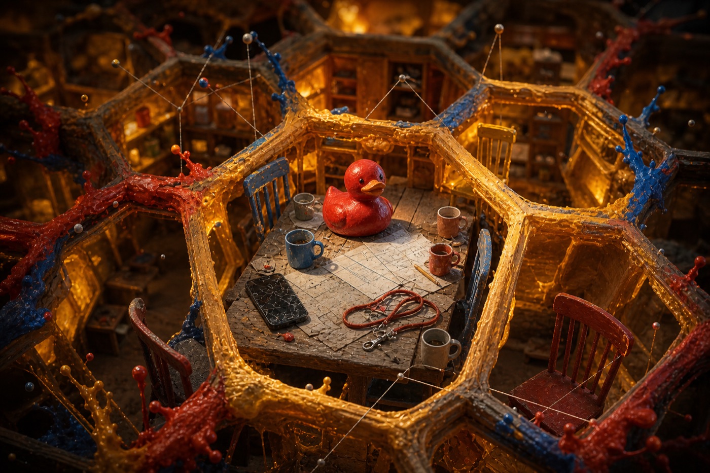 Red duck seated inside a glowing honeycomb network of rooms and conversations
