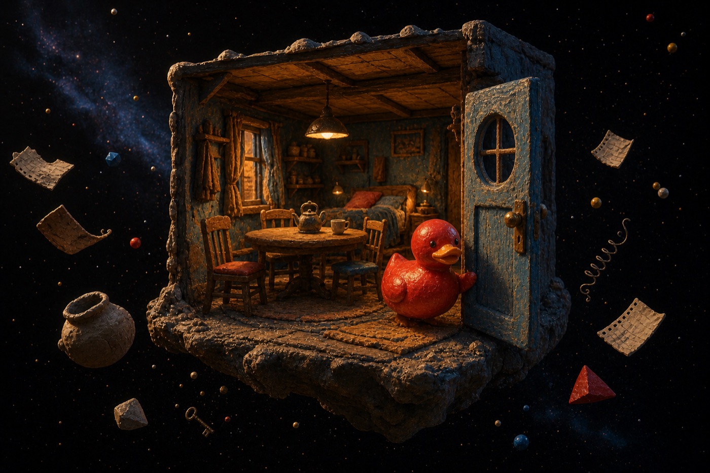 Tiny illuminated design shed floating in space with red ducks at its doorway