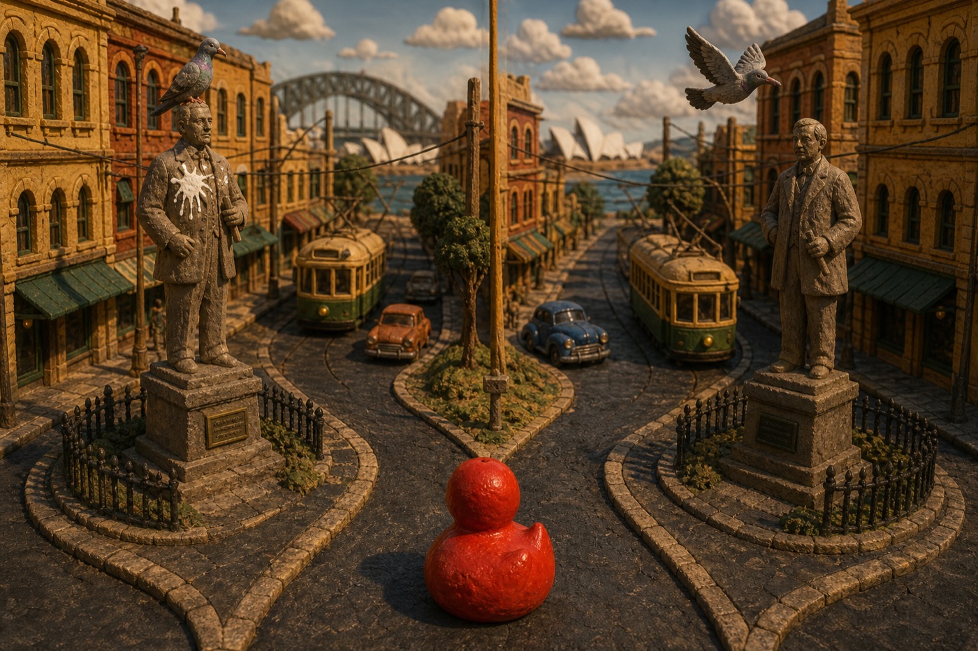 Red duck at a three-way city intersection between trams and old buildings
