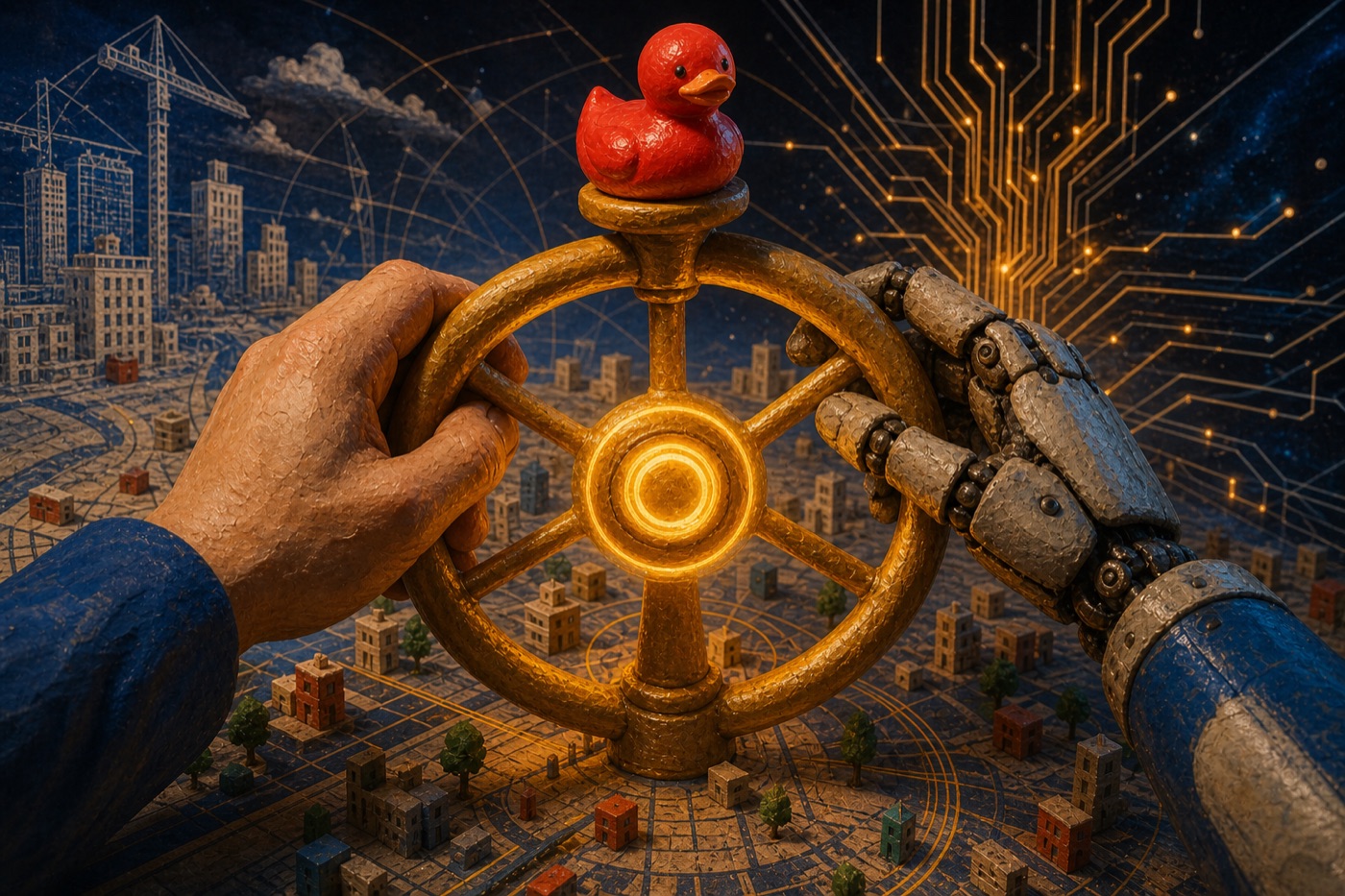 Human and mechanical hands sharing a golden steering wheel above a city with the red duck
