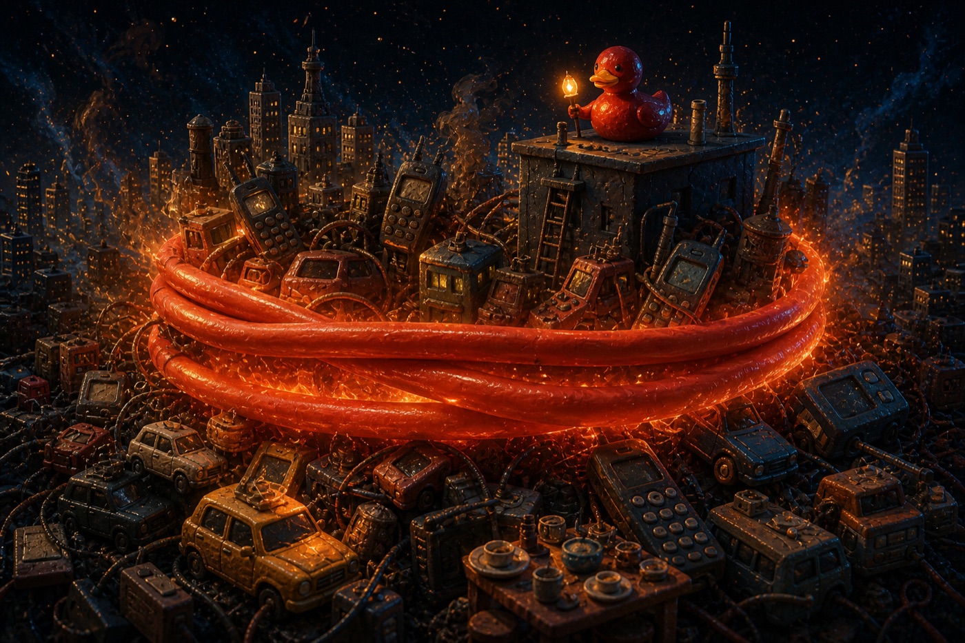 Red duck above a dense city wrapped in glowing red bands of motion