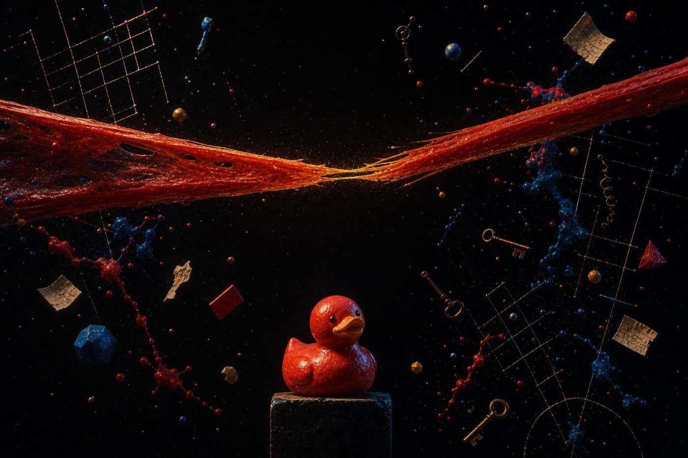 Red duck watching a glowing red elastic band stretched across a field of diagrams and stars