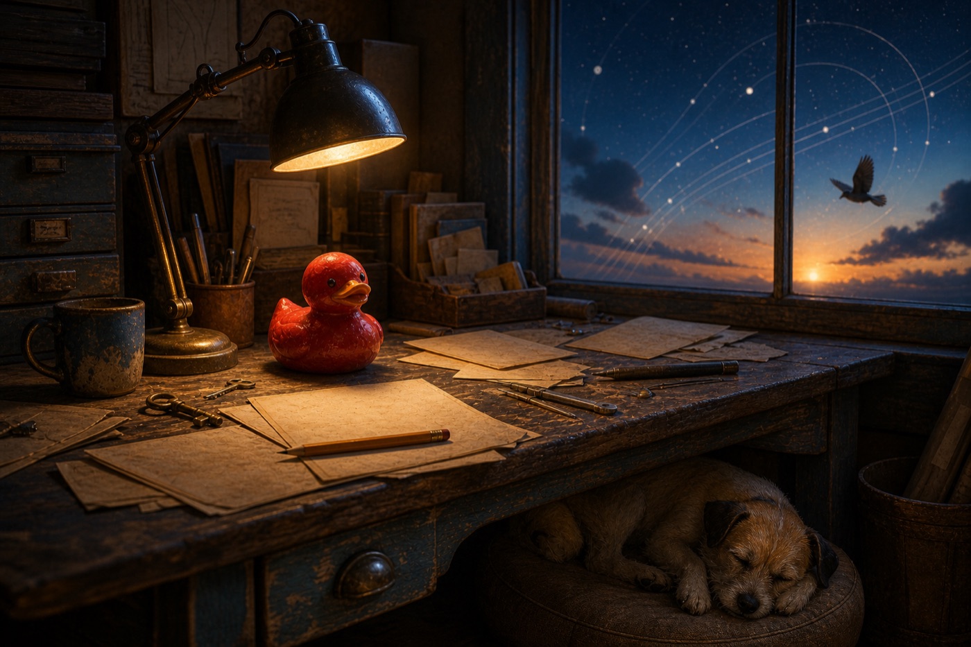 Red duck on a warm drafting desk while Rocky sleeps beneath a window full of stars