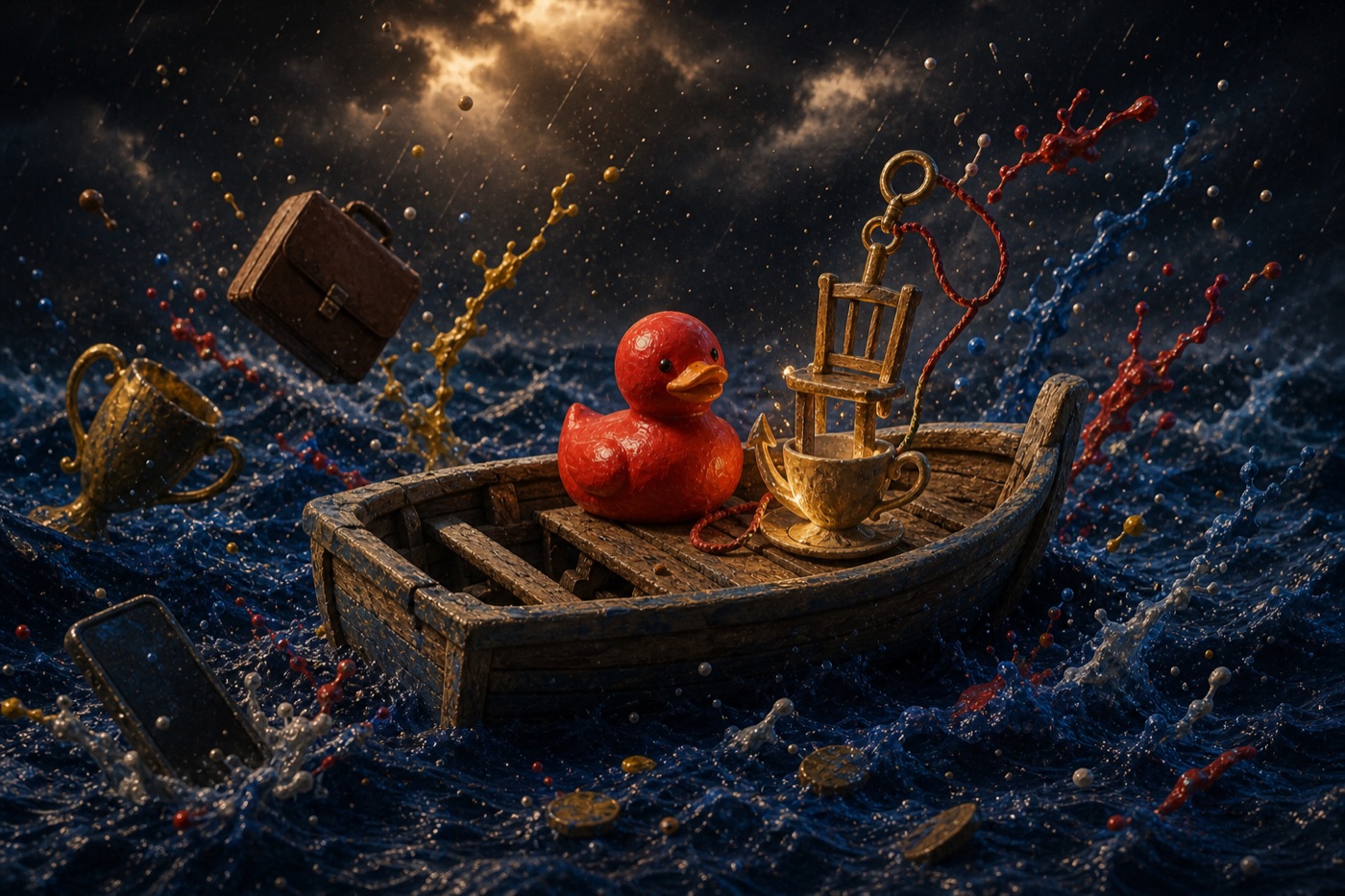 Red duck in a tiny wooden boat crossing a turbulent cosmic ocean with a brass lamp