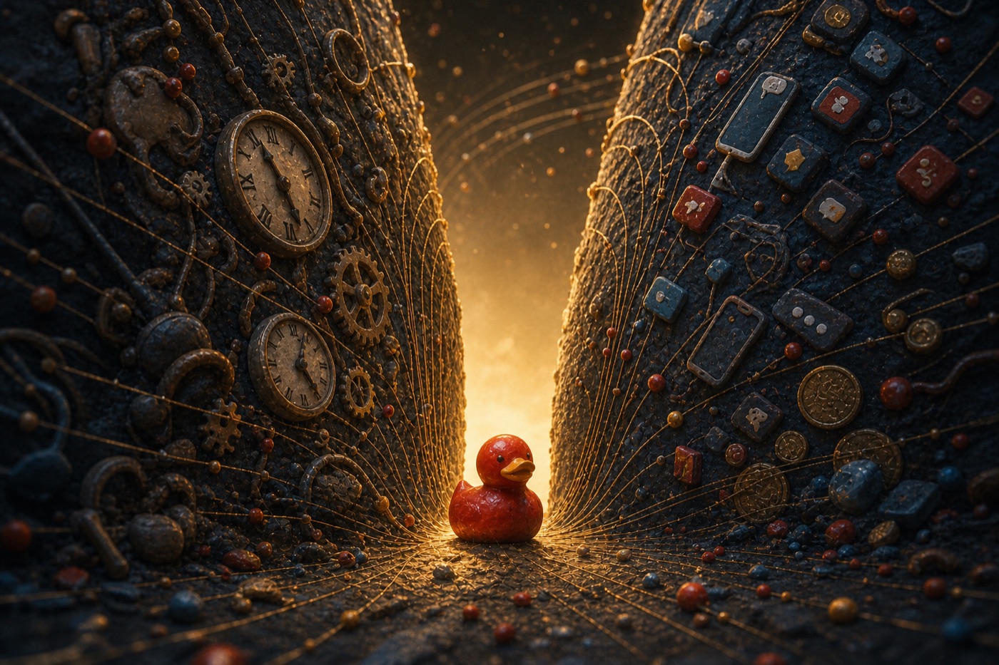 Red duck standing in a narrow golden opening between two immense walls of memories